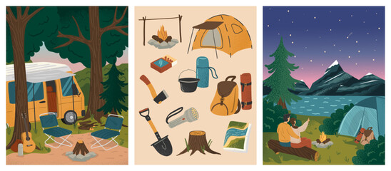 Couple sitting next to camp tent and watching starry night. Summer camp vacation vector posters set. Mountain and forest landscape with tents. Camping equipment. Adventure, nature, campfire