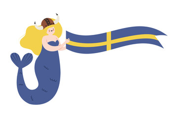 Hand drawn funny Mermaid wearing horned Viking's helmet and holding Swedish flag. Isolated on white vector illustration in flat style
