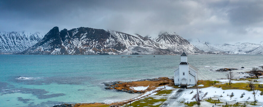 Panorama aerial view of winter lofoten islands - Gimsoy church