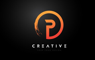 Orange P Circular Letter Logo with Circle Brush Design and Black Background.