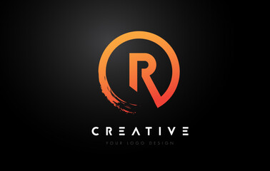 Orange R Circular Letter Logo with Circle Brush Design and Black Background.