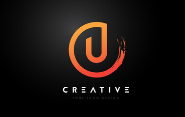 Orange U Circular Letter Logo with Circle Brush Design and Black Background.