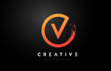 Orange V Circular Letter Logo with Circle Brush Design and Black Background.