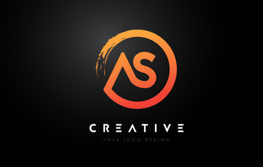Orange AS Circular Letter Logo with Circle Brush Design and Black Background.