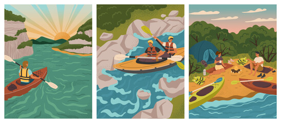 People on kayak rowing down to river. Water adventure sport vector posters set. Man and woman rafting, kayaking, canoeing, holding paddles. Camp with tent on lake beach - obrazy, fototapety, plakaty