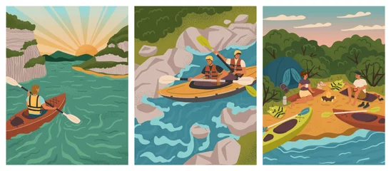 Foto op Canvas People on kayak rowing down to river. Water adventure sport vector posters set. Man and woman rafting, kayaking, canoeing, holding paddles. Camp with tent on lake beach © Wanlee