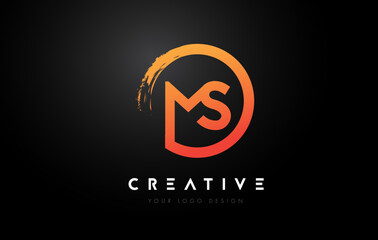 Orange MS Circular Letter Logo with Circle Brush Design and Black Background.