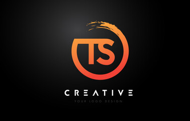 Orange TS Circular Letter Logo with Circle Brush Design and Black Background.