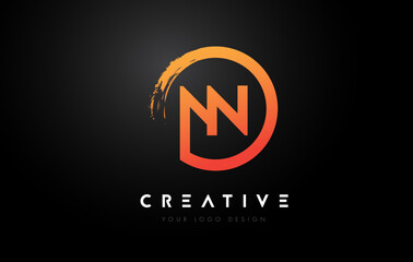 Orange NN Circular Letter Logo with Circle Brush Design and Black Background.