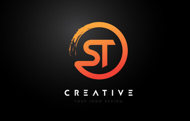 Orange ST Circular Letter Logo with Circle Brush Design and Black Background.