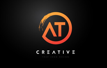 Orange AT Circular Letter Logo with Circle Brush Design and Black Background.