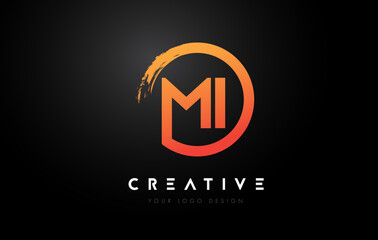 Orange MI Circular Letter Logo with Circle Brush Design and Black Background.