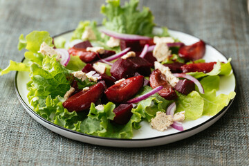 Home made beet and plum salad with vegan feta