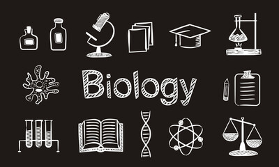 Set of chalk hand drawn Biological school icons. Pictograms of education objects, amoeba, plants, test tubes, experiments, Biology on blackboard. Vector illustration for school and education projects.