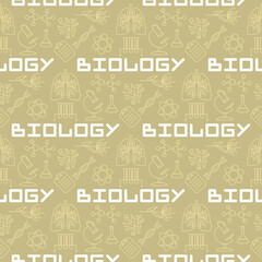 Seamless linear pattern with school biological elements. Pattern with education objects, amoeba, plants, test tubes, experiments. Vector background for Biology.