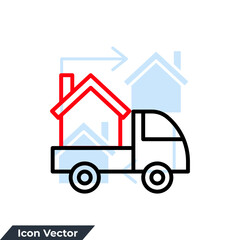 moving home icon logo vector illustration. Home delivery truck symbol template for graphic and web design collection