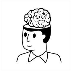 Man with open mind. Concept of knowledge and learning. Brain in empty head. Psychological development. Outline cartoon illustration