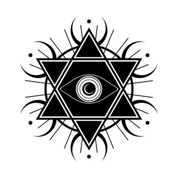 Eye with crescent moon in star six pointed witch magic tattoo black icon flat vector design.