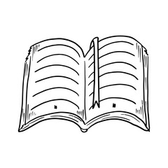 Open book with a bookmark in hand drawn doodle style. Vector sketch drawing book illustration.