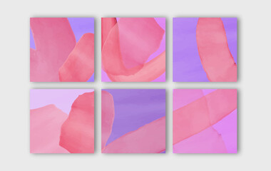 Set of watercolor banners for social media, advertising, promotion. Abstract hand painted pink and violet pastel background with brush strokes. Colorful square posters. Vector collection.