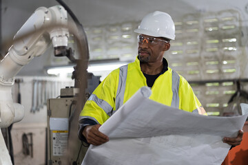 African American male engineer worker working with blueprint in the robot robotic factory. African American male technician worker maintenance automatic robot arm system welding