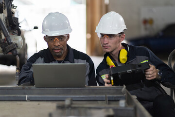 Team of male engineer worker working with computer notebook for control automatic robotic arm machine in the factory. Group of male technician worker maintenance automatic robotic arm system welding