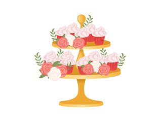 Wedding cakes decorated with rose flowers on gold stand vector illustration isolated on white background