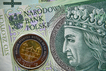 polski banknot,100 PLN, moneta panamska , Polish banknote, 100 PLN, Panama coin - obrazy, fototapety, plakaty
