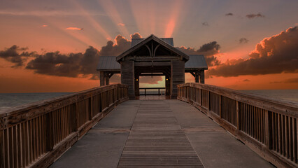 sunset on the pier at famous key west, florida, usa