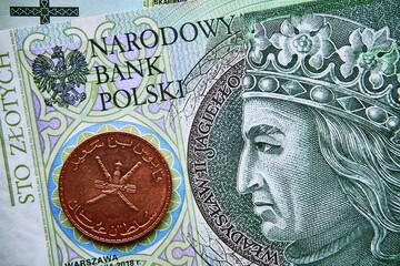 polski banknot,100 PLN, moneta omańska , Polish banknote, 100 PLN, Oman coin