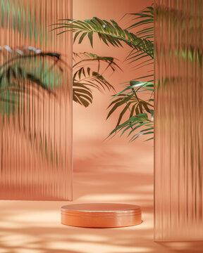 Golden podium stage stand tropical forest trees orange background for product placement 3d render  