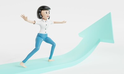 Cartoon character девушка  goes to success. Concept of financial growth. 3d illustration.