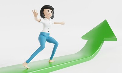 Fototapeta na wymiar Cartoon character девушка goes to success. Concept of financial growth. 3d illustration.