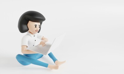 Cartoon character girl with laptop. 3d illustration