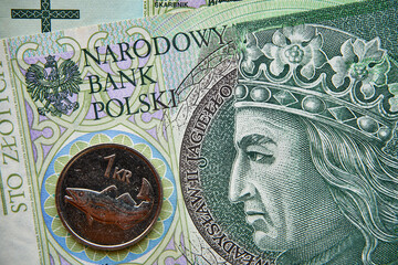 polski banknot,100 PLN, moneta islandzka , Polish banknote, 100 PLN, Icelandic coin - obrazy, fototapety, plakaty