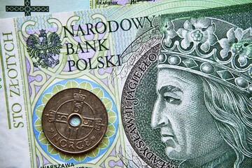polski banknot,100 PLN, norweska moneta , Polish banknote, 100 PLN, Norwegian coin