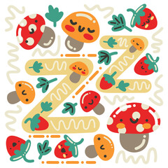 Naklejka premium Cute vector poster with alphabet English letter Z and cartoon kawaii doodles with mushrooms, strawberries and foliage for print, decor, study, school, textile, interior, cards