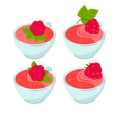 A cup of raspberry tea and berries. Vector drawing in a flat style on a white background.
