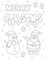 christmas coloring sheet design. cute santa claus,  snowman and merry christmas lettering. you can print it on standard 8.5x11 inch paper