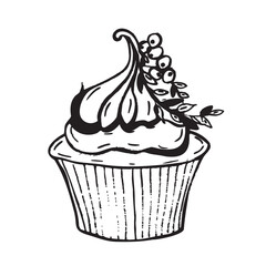 Vector doodle cupcake. Hand drawn food icon isolated on white background. Hand-drawn elements for  menu, cafe and restaurants.