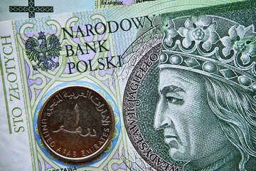 polski banknot,100 PLN, moneta Zjednoczonych emiratów arabskich , Polish banknote, 100 PLN, coin of the United Arab Emirates