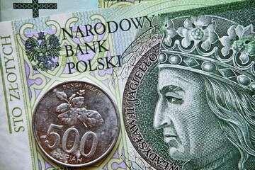 polski banknot,100 PLN, moneta indonezyjska, Polish banknote, 100 PLN, Indonesian coin