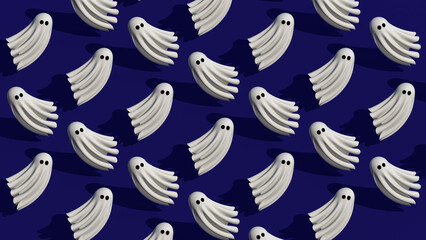 Fun Halloween ghost pattern on purple background. 8K 3d design illustration render.