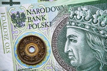 polski banknot,100 PLN, moneta japońska , Polish banknote, 100 PLN, Japanese coin