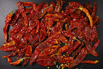 Dried red chili pepper, top view. Close-up