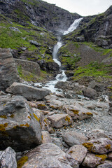 Fototapeta na wymiar Stigfossen water fall at Trollstigen near Åndalsnes in Hellesylt Møre og Romsdal in Norway (Norwegen, Norge or Noreg)