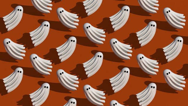 Fun Halloween ghost pattern on orange background. 8K 3d design illustration render.