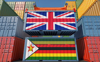 Cargo containers with United Kingdom and Zimbabwe national flags. 3D Rendering