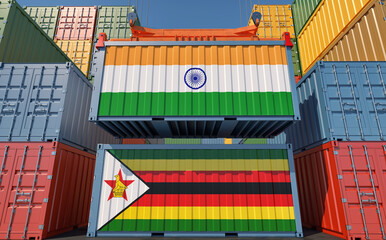 Cargo containers with India and Zimbabwe national flags. 3D Rendering