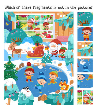 Find hidden fragments. Game for children. Cute Santa, deer, gnomes prepare for Christmas, boys and girls are skating in winter. Winter scene in cartoon style. Vector illustration.